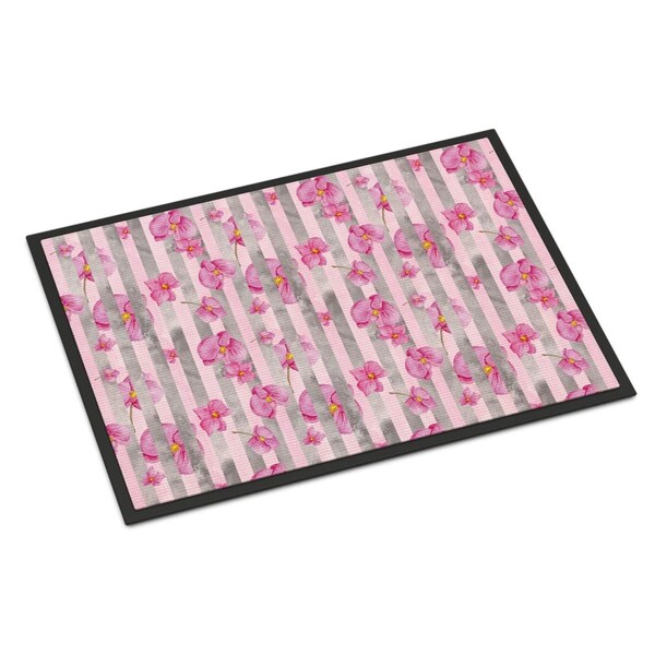 Carolines Treasures Watercolor Pink Flowers Grey Stripes Indoor or Outdoor Mat, 18 x 27 in. BB7502MAT - main